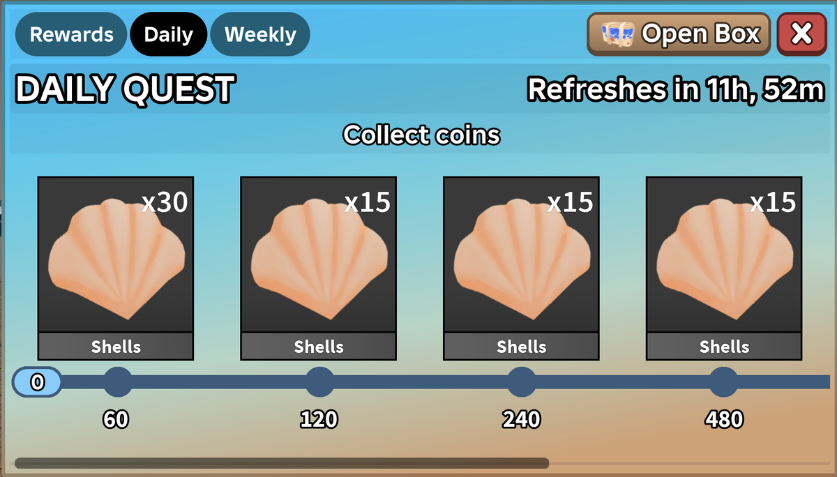 MM2 Summer Event 2026 daily quest screen showing Shell rewards at 60, 120, 240 and 480 coins