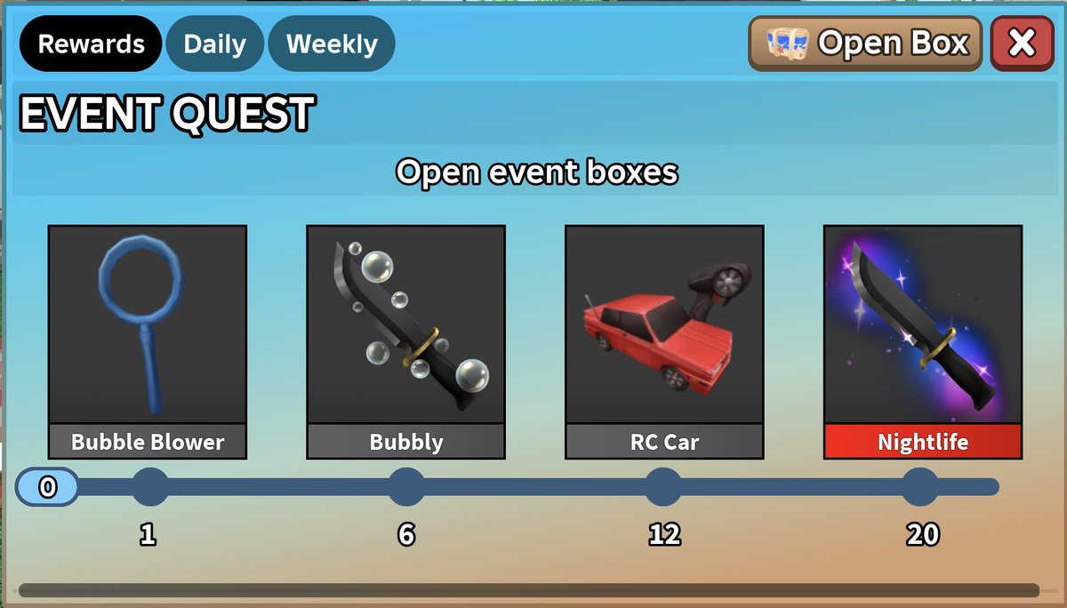 MM2 Summer Event 2026 box reward track showing Bubble Blower at 1 box, Bubbly at 6, RC Car at 12 and Nightlife at 20
